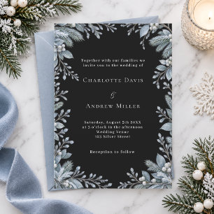 Convites Casamento Botânico Preto de Inverno Azul Gélido