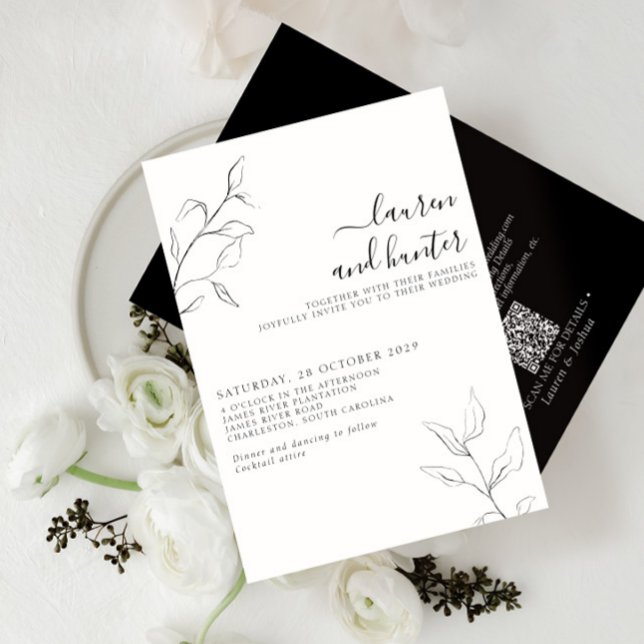 Convites Casamento Botânico Preto do Código QR Moderno (Criador carregado)