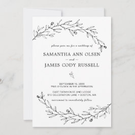 Convites Casamento Botânico Preto e Branco desenhado à mão