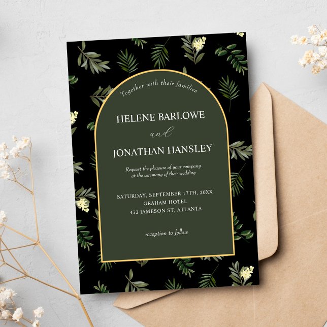 Convites Casamento Botânico Preto Moderno Elegante (Black Modern Elegant Watercolor Botanical Wedding Invitation)