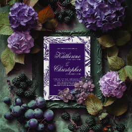 Convites Casamento Botânico Púrpura Escuro Elegante Vintage