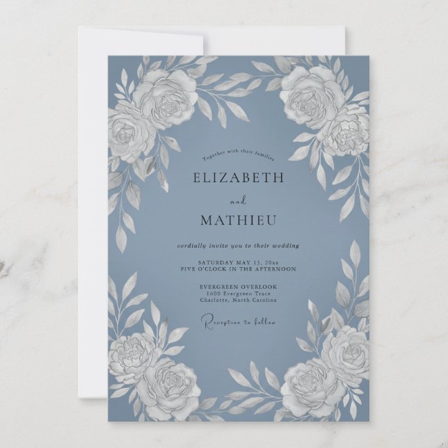 Convites Casamento Botânico Radiante Azul Ardósia (Frente)