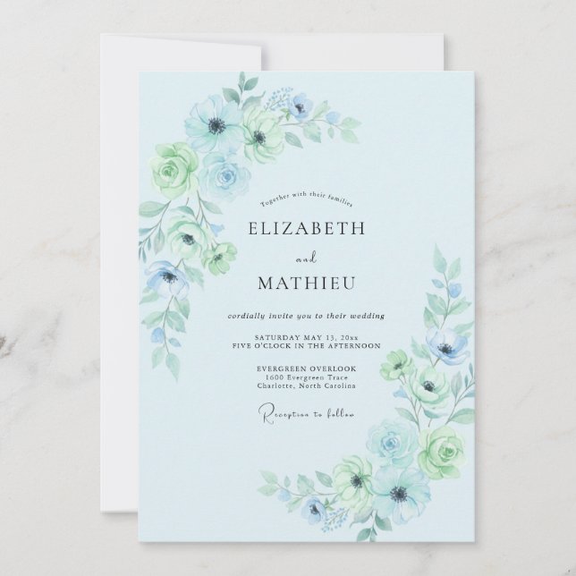 Convites Casamento Botânico Radiante Azul Pó (Frente)