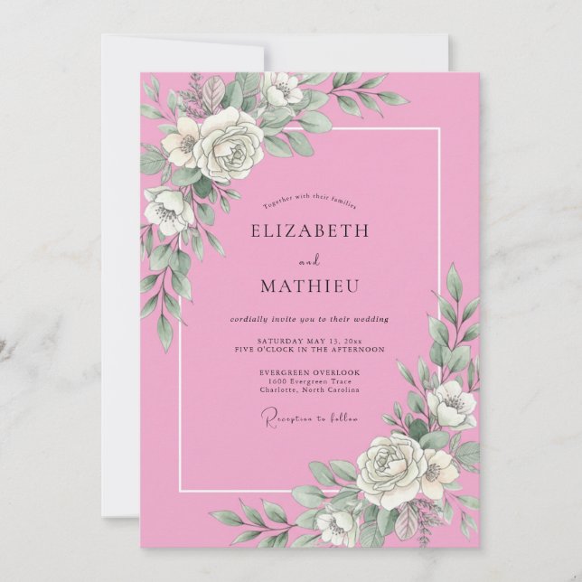 Convites Casamento Botânico Radiante Rosa Doce (Frente)