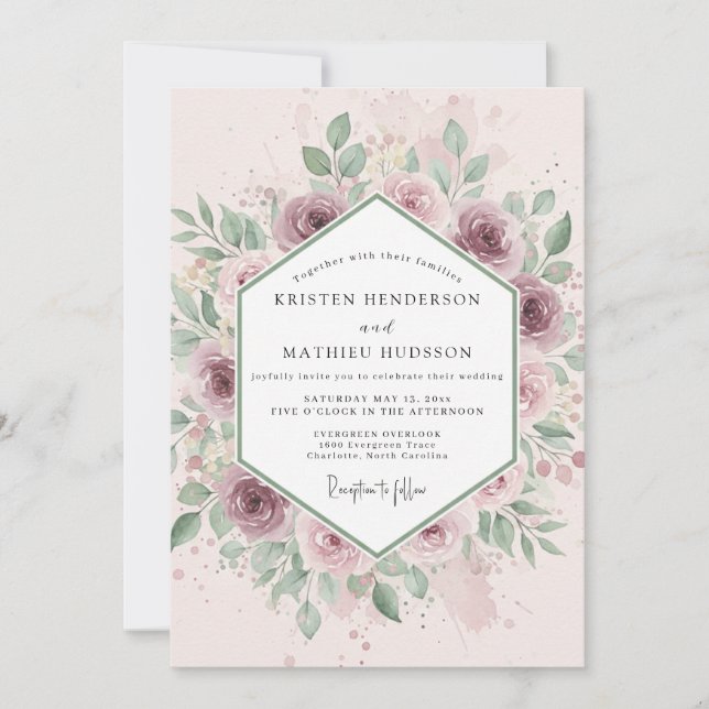 Convites Casamento Botânico Radiante Rosa Empoeirado (Frente)