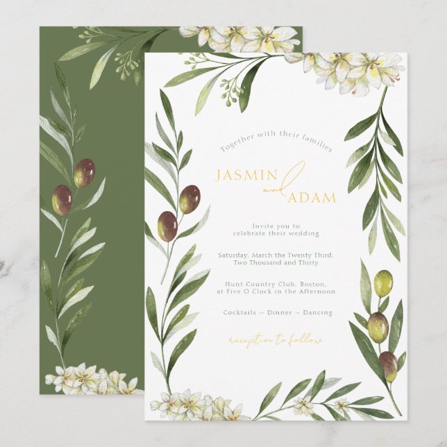 Convites Casamento Botânico Ramo de Oliveira Elegante (Frente/Verso)