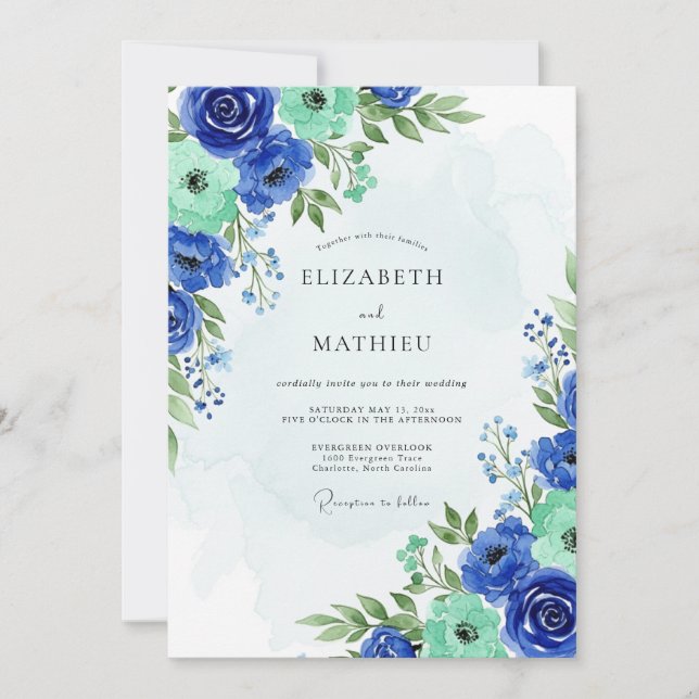 Convites Casamento Botânico Real Azul Luxuriante de Primave (Frente)
