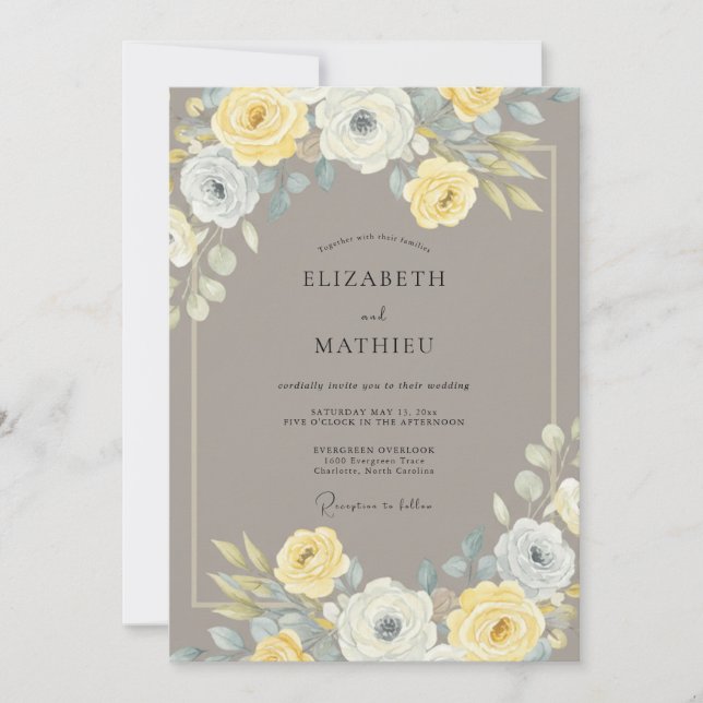 Convites Casamento Botânico Refinado Amarelo (Frente)