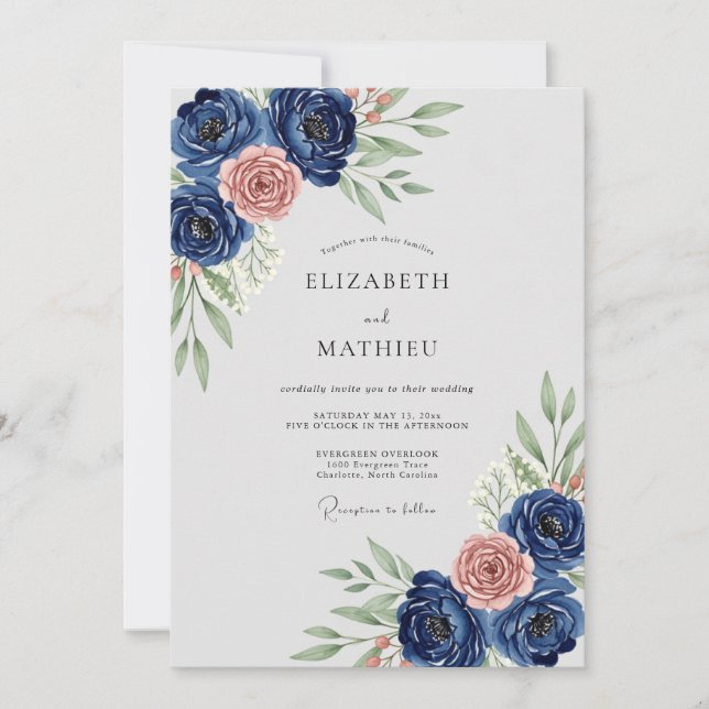 Convites Casamento Botânico Refinado Azul Marinho (Frente)