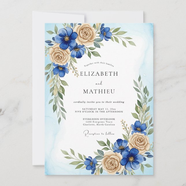 Convites Casamento Botânico Refinado Azul Real (Frente)