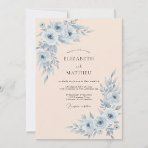 Convites Casamento Botânico Refinado em Azul Empoeirado