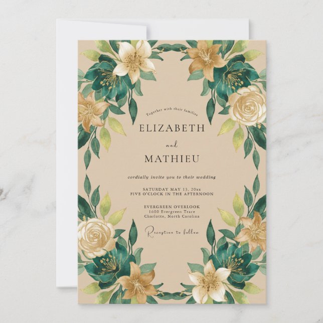 Convites Casamento Botânico Refinado Esmeralda Verde (Frente)