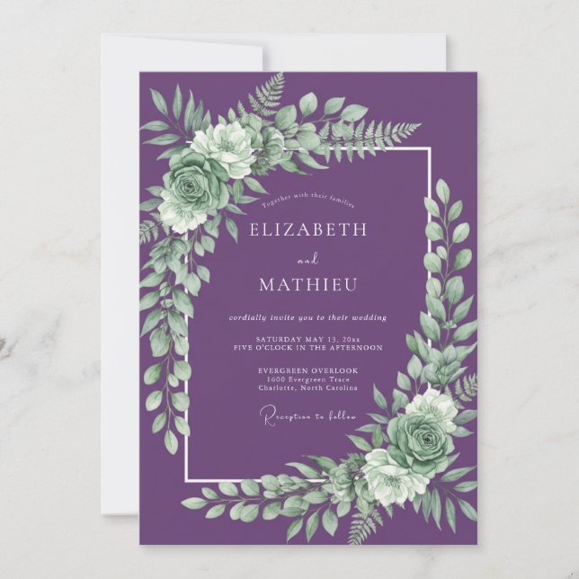 Convites Casamento Botânico Refinado Roxo (Frente)