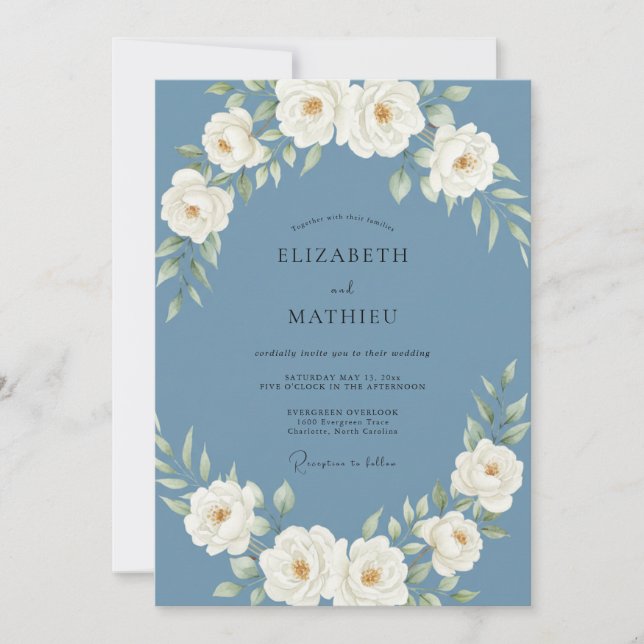Convites Casamento Botânico Régio Azul Ardesia (Frente)