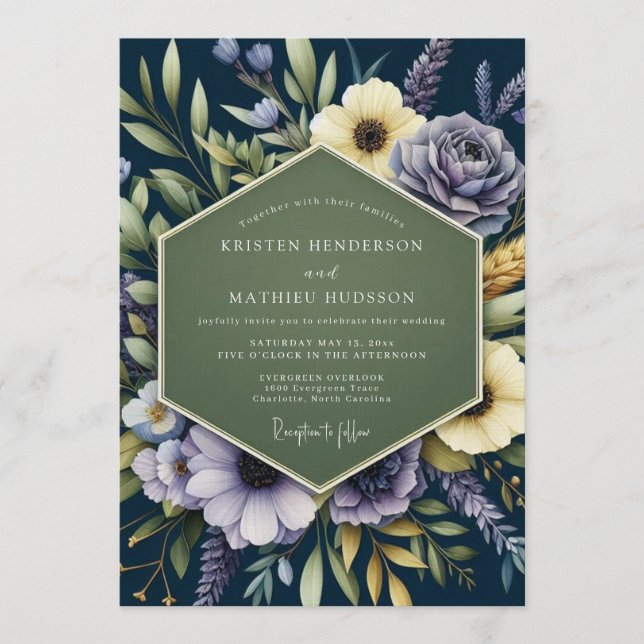 Convites Casamento Botânico Régio Azul Naval (Frente)