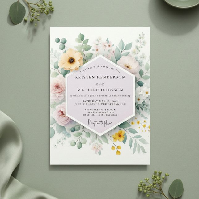 Convites Casamento Botânico Romance Amarelo Pálido (Criador carregado)