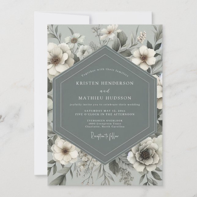 Convites Casamento Botânico Romance Azul Ardesia (Frente)