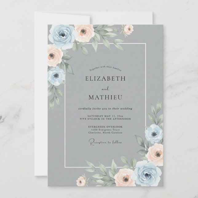 Convites Casamento Botânico Romance Azul Pêssego (Frente)