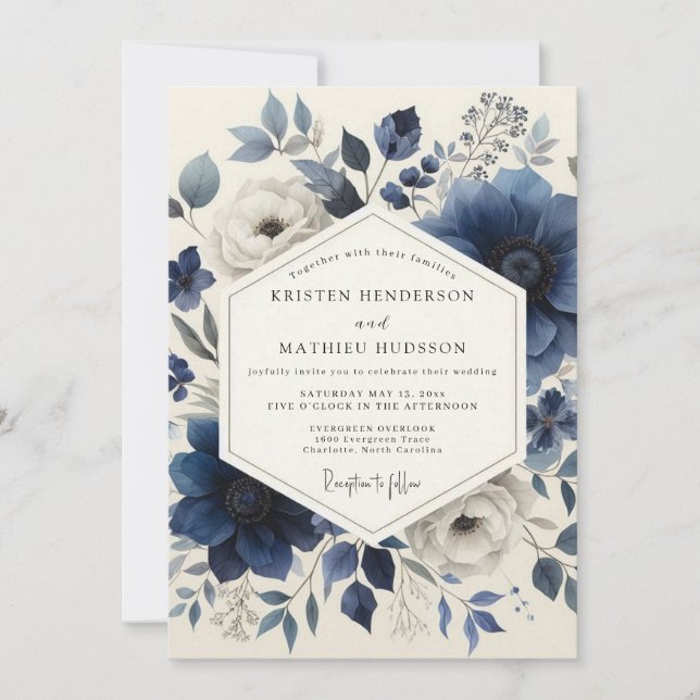 Convites Casamento Botânico Romance Azul Profundo (Frente)