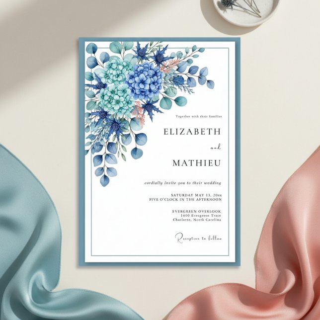 Convites Casamento Botânico Romance Azul Real (Criador carregado)