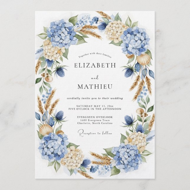 Convites Casamento Botânico Romance de Hortênsia Azul (Frente)