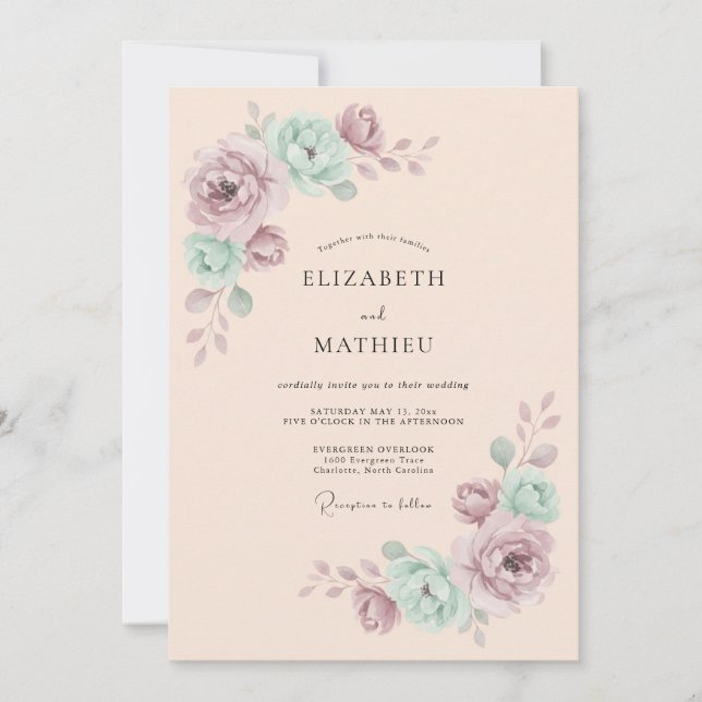 Convites Casamento Botânico Romance Malva Menta (Frente)