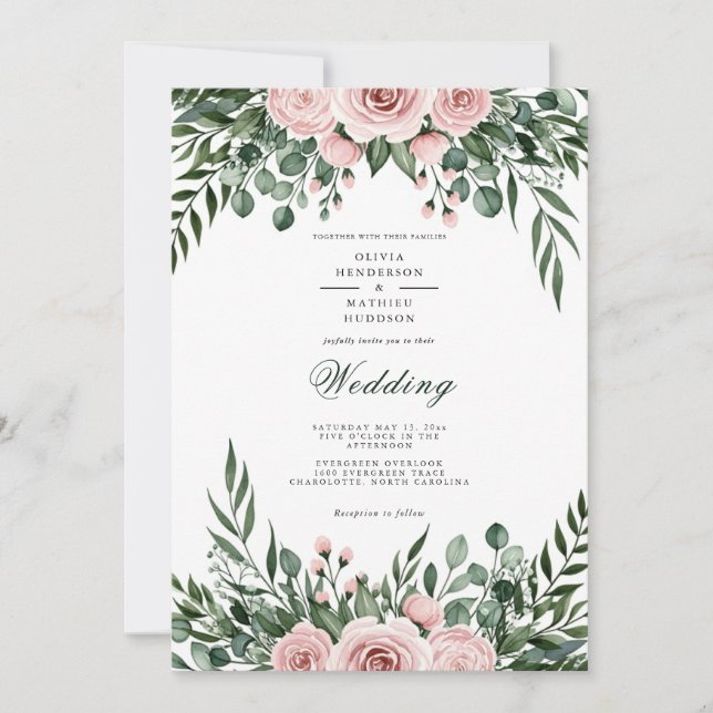 Convites Casamento Botânico Romance Rosa Empoeirada (Frente)