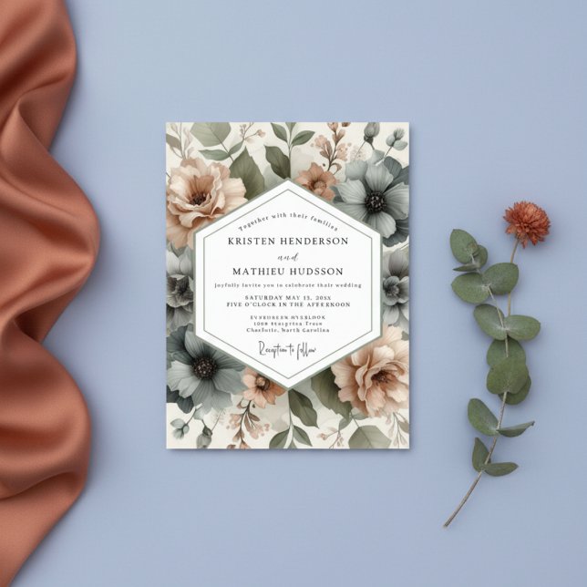 Convites Casamento Botânico Romance Rosa Empoeirado (Criador carregado)