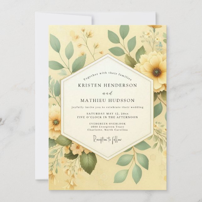 Convites Casamento Botânico Romântico Amarelo (Frente)