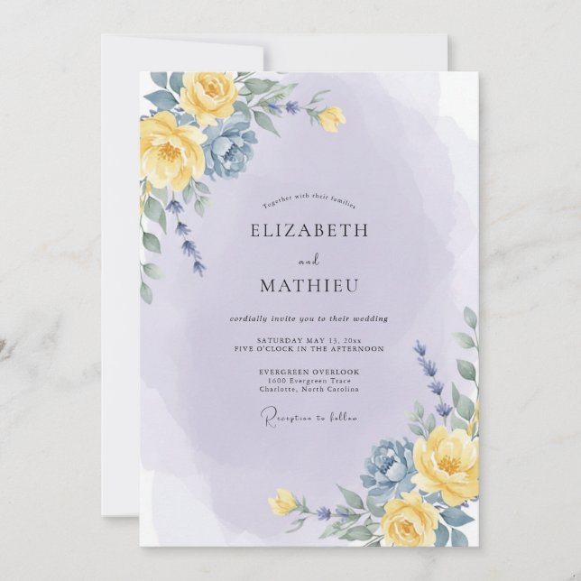 Convites Casamento Botânico Romântico Amarelo Lavanda (Frente)