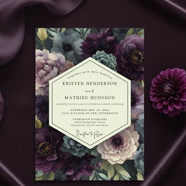 Convites Casamento Botânico Romântico Ameixa Moody (Criador carregado)