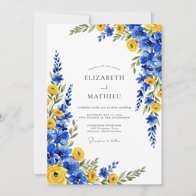 Convites Casamento Botânico Romântico Azul Amarelo (Frente)