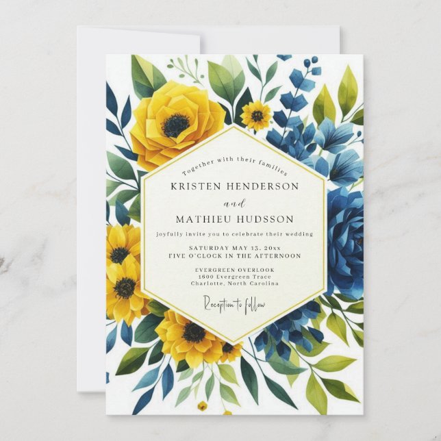 Convites Casamento Botânico Romântico Azul Amarelo (Frente)