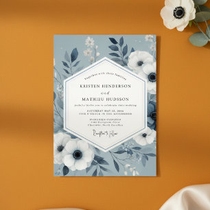 Convites Casamento Botânico Romântico Azul Ardesia