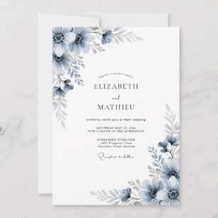 Convites Casamento Botânico Romântico Azul Ardesia