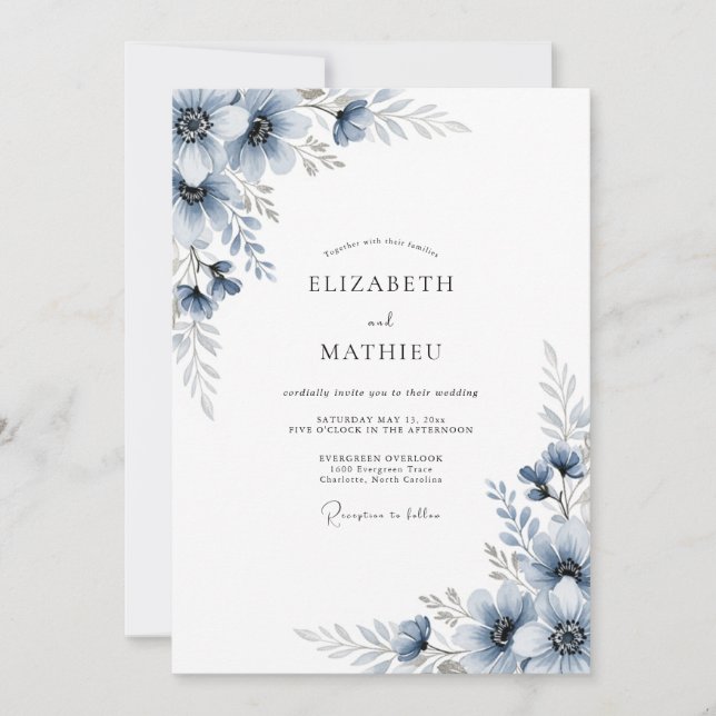 Convites Casamento Botânico Romântico Azul Ardesia (Frente)