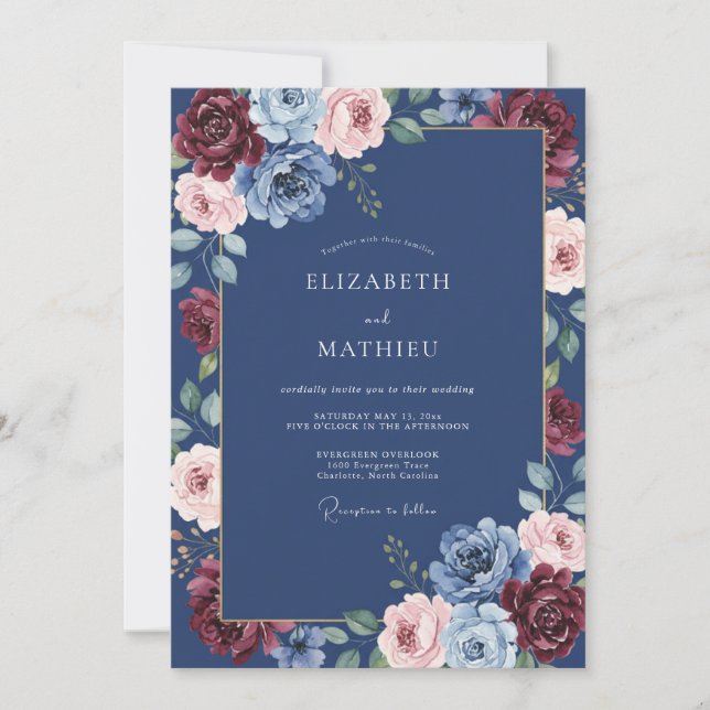 Convites Casamento Botânico Romântico Azul Borgonha (Frente)