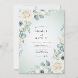 Convites Casamento Botânico Romântico Azul Creme