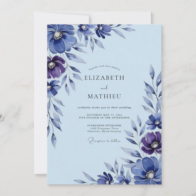 Convites Casamento Botânico Romântico Azul Periwinkle (Frente)