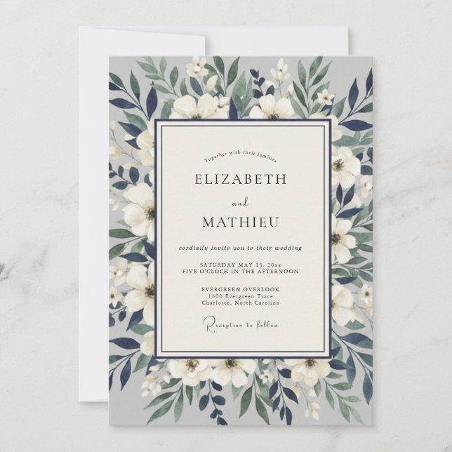 Convites Casamento Botânico Romântico Branco Azul (Frente)
