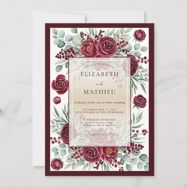 Convites Casamento Botânico Romântico Burgundy Bloom (Frente)