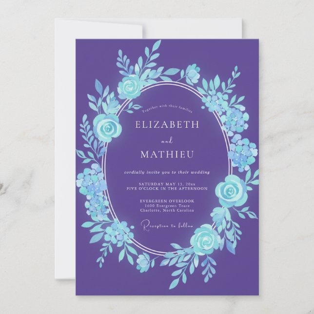 Convites Casamento Botânico Romântico com Roxo e Azul Turqu (Frente)
