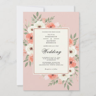 Convites Casamento Botânico Romântico Coral
