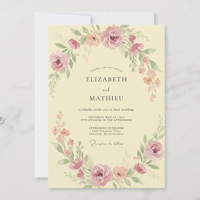Convites Casamento Botânico Romântico Coral Soft (Frente)
