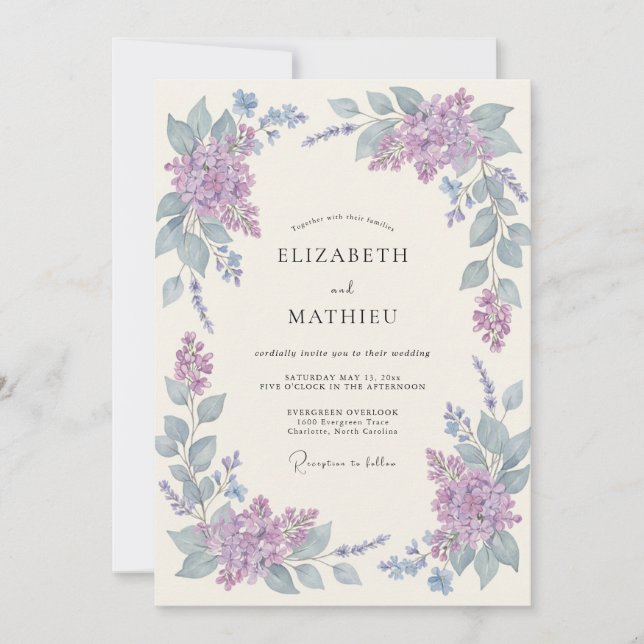 Convites Casamento Botânico Romântico de Lavanda (Frente)