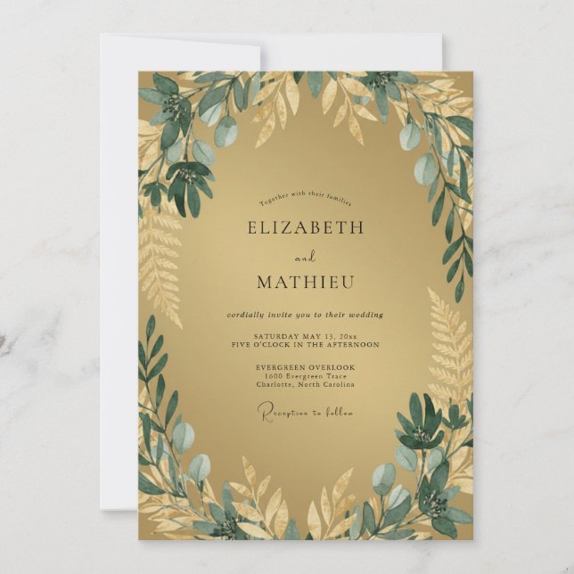 Convites Casamento Botânico Romântico Dourado Verde (Frente)