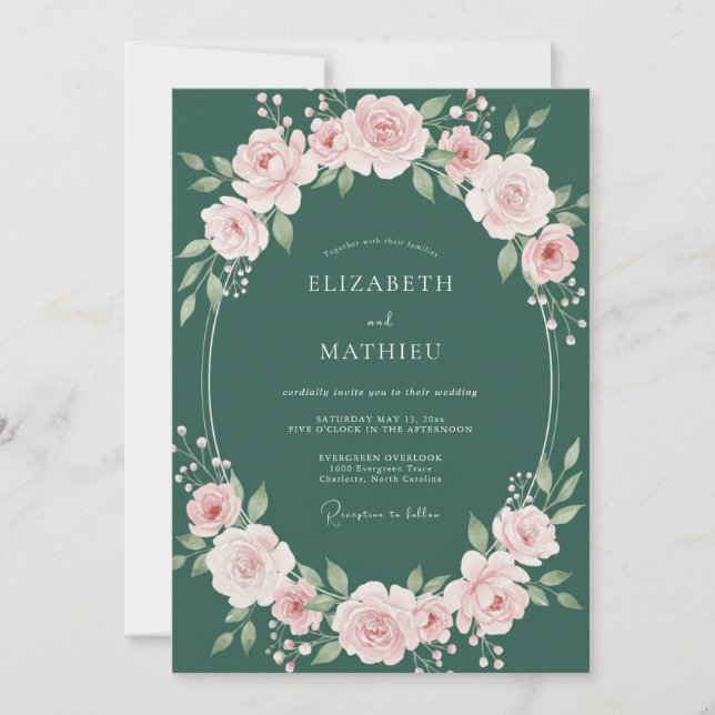 Convites Casamento Botânico Romântico Elegante Esmeralda (Frente)