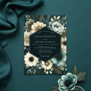 Convites Casamento Botânico Romântico em Azul Teal Profundo