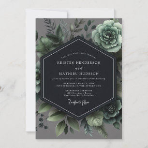 Convites Casamento Botânico Romântico em Verde Ardósia