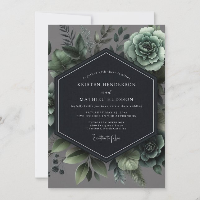 Convites Casamento Botânico Romântico em Verde Ardósia (Frente)